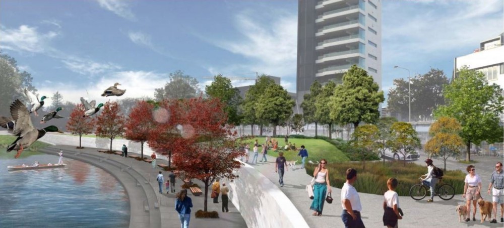 An artist's impression of the city promenade (right) that will be built above the memorial wall in 2017